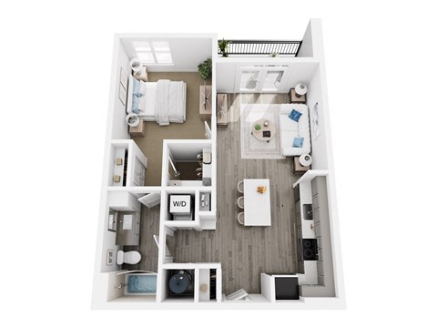 A top down view of a small apartment with a kitchen, living room, and bathroom.